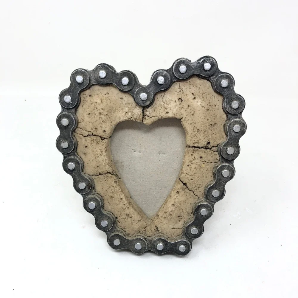 Bike Chain Heart Picture Frame Small Gray Industrial Biker Decor Vintage Y2K